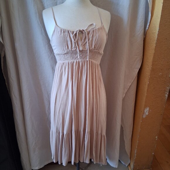bluebell womens tan midi dress with adjustable straps. tie in front MEDIUM - Picture 1 of 6